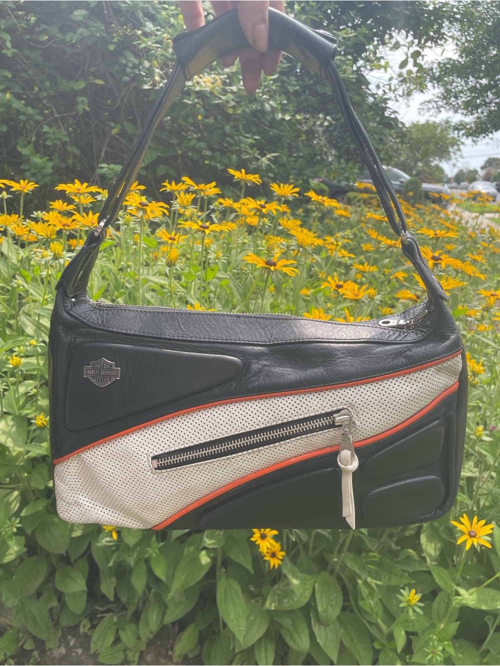 Harley-Davidson Black, White & Orange Leather Shoulder Bag